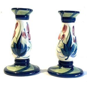 Gail Pittman 5.5” Blue Grapevine Narrow Neck Candle Stick Holders Signed - 1988